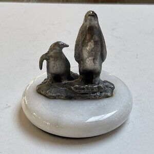 Pewter Penguin Figurine on Marble Base Pair Mama Chic Paperweight Decor
